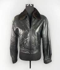 Cache Leather Bomber Jacket Size S Black Removable Fur Collar Quilted Studs VTG