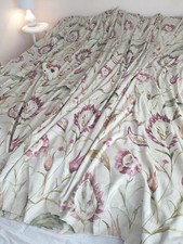 Extra Long Lined Ivory pink floral velvet Curtains Pair, each 95.5in long x 53in