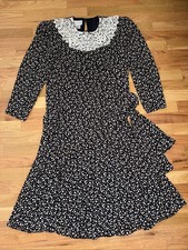 VTG “In The Mood” Cottagecore Dress 10 Blue Lite Tan Polka Dot Midi Pad Shldrs