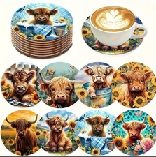 Highland Cow Wooden Coasters Set of 8 New Farmhouse Home Decor Rustic Floral