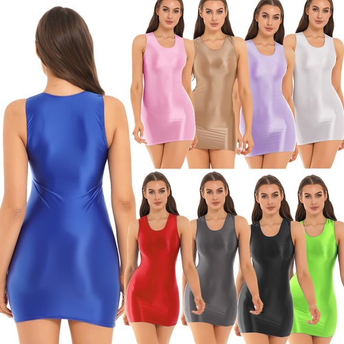 DE Damen Glänzende Minikleid Kurz Eng Figurbetontes Kleid Wetlook Sexy Clubwear - Bild 3 von 85