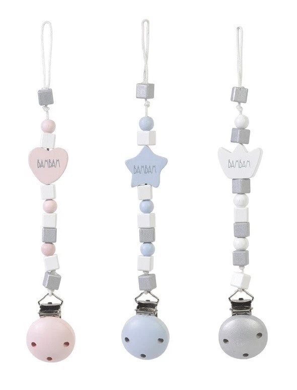 Bam Bam Schnuller Schnullerclip grau rosa oder blau mit Holzklötzen Baby Kleinkind