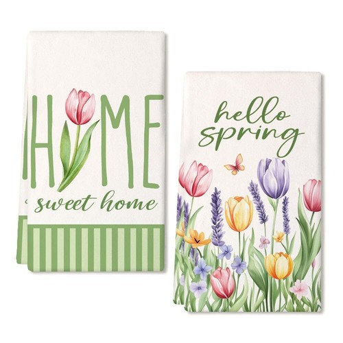 Hello Spring Decorations Colorful Flowers Butterflies Kitchen Dish Towels 2PCS