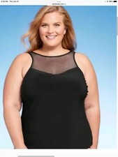 Aqua Green Womens Medium UPF 50 V-Neck Mesh Lined Tankini Top Black NWT 1X Plus