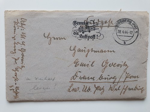 Feldpost Brief Königsberg Ostpreußen 1944 nach Welschenburg Pommern mit Inhalt