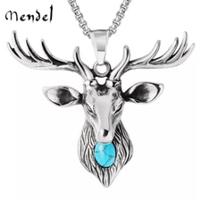 MENDEL Mens Stag Buck Deer Head Pendant Necklace Turquoise Stainless Steel Chain