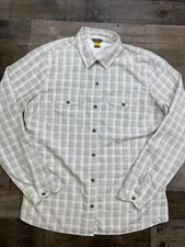 Eddie Bauer Womens Shirt Top Large White Tan Travex Roll Tab Sleeve Zip Pockets