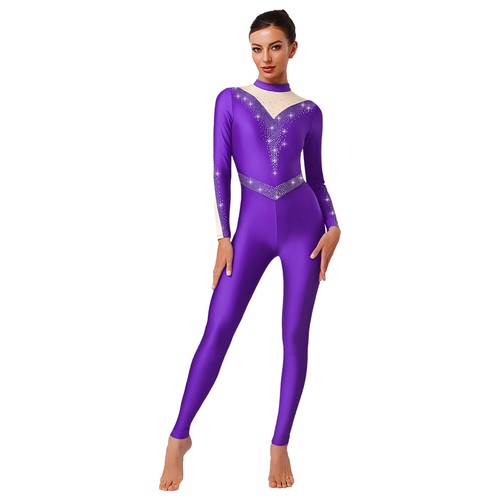 Damen Leotard Kunstlaufen Jumpsuit Unsichtbar Bodysuit Gymnastik Kostüm Langarm - Picture 55 of 86