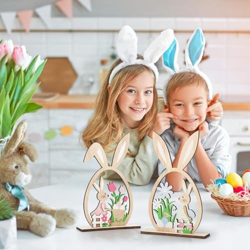 2Pcs Easter Decorations for the Home Wooden Bunny Decor Sign Farmhouse Rustic - Picture 8 of 8