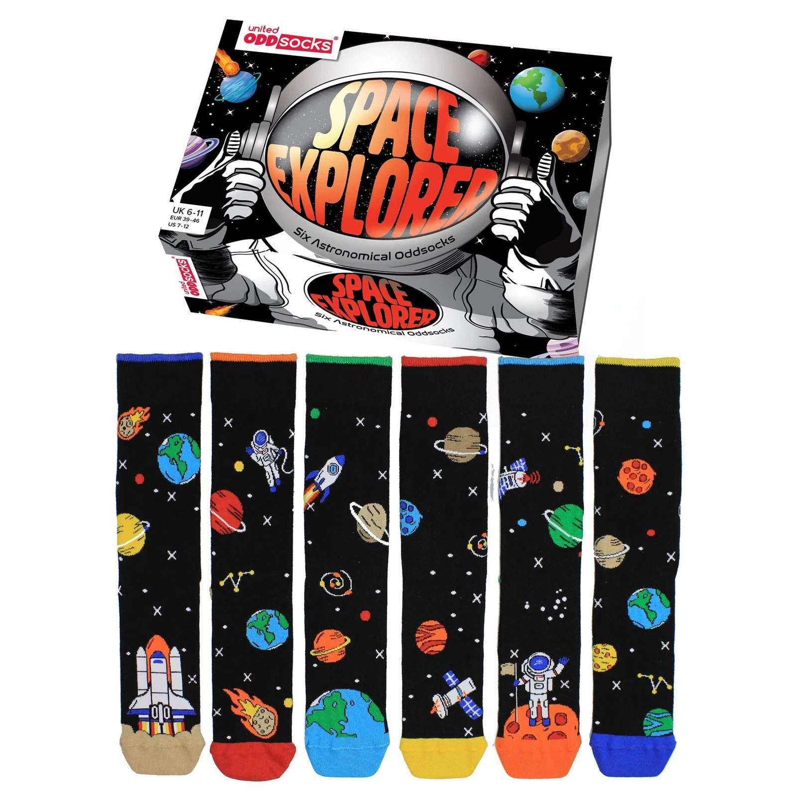 Mens Novelty Socks Oddsocks Astronaut Outer Space Box of 6 UK Size 6-11 Gift