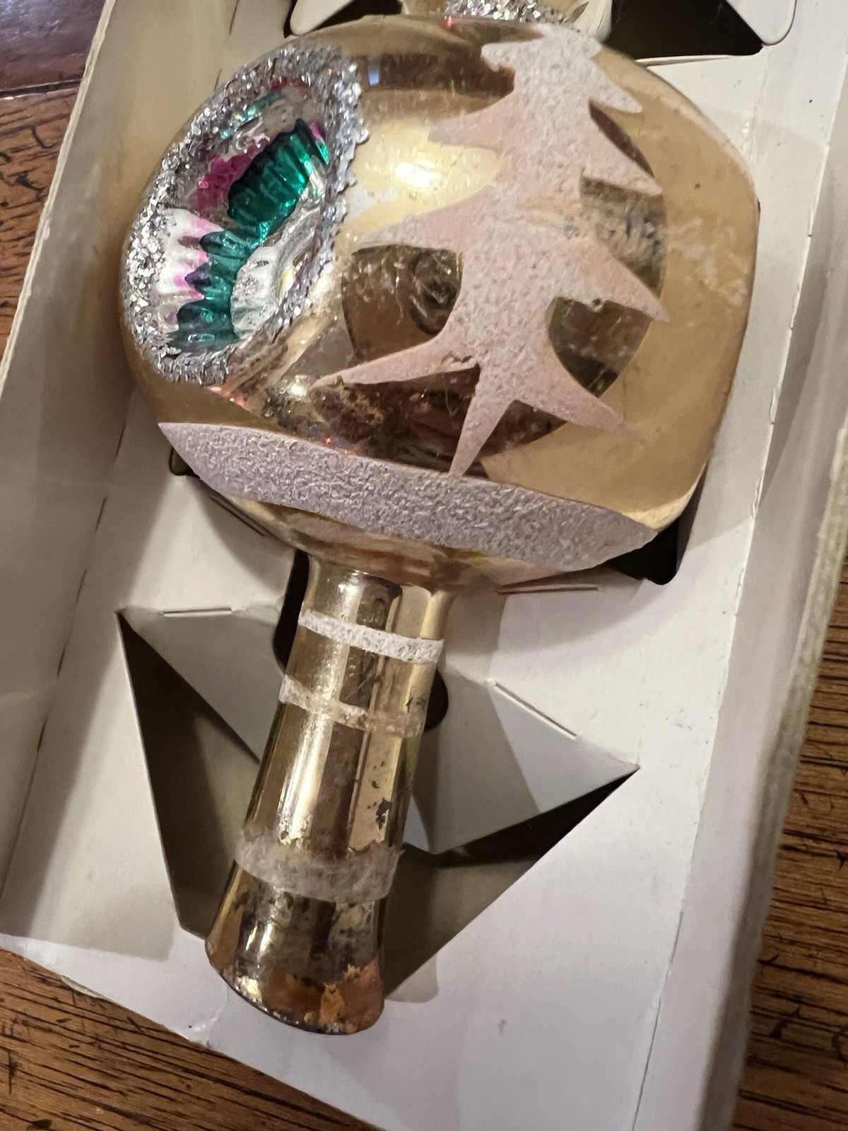 Vintage Glass Mica Triple Indent Fantasia Polish Christmas Tree Topper 11.25”