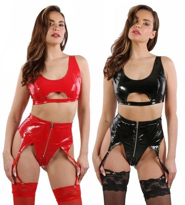 Damen Top & String 2 Piece Wetlook Lederlook Lack Leder Set String + Top Zip