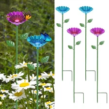 4-Pack Bee Watering Station, 25 Inch Iron Bee Bath for Garden [Blue/Rose Red]