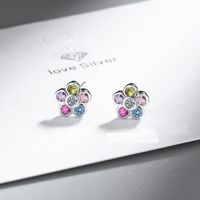 925 Sterling Silver Rainbow Piercing Stud Earrings Women Wedding Elegant Jewelry