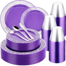 450 Pcs Purple Silver Plastic Party Plates Sets Include 75 Dinner Pate 10.2 I...