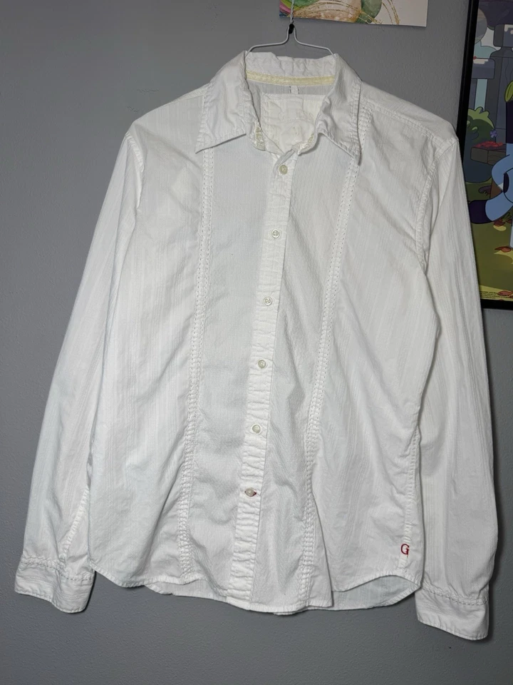 GUESS VINTAGE Y2K Buttons Down Embroidered White Shirt Long-Sleeve Men M Cotton - Image 2 of 4