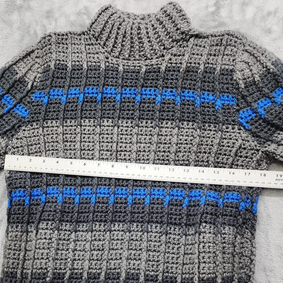 Vintage Hand Made Striped Mock Neck Pullover Sweater Size M Gray Blue Stretch - Image 3 of 4