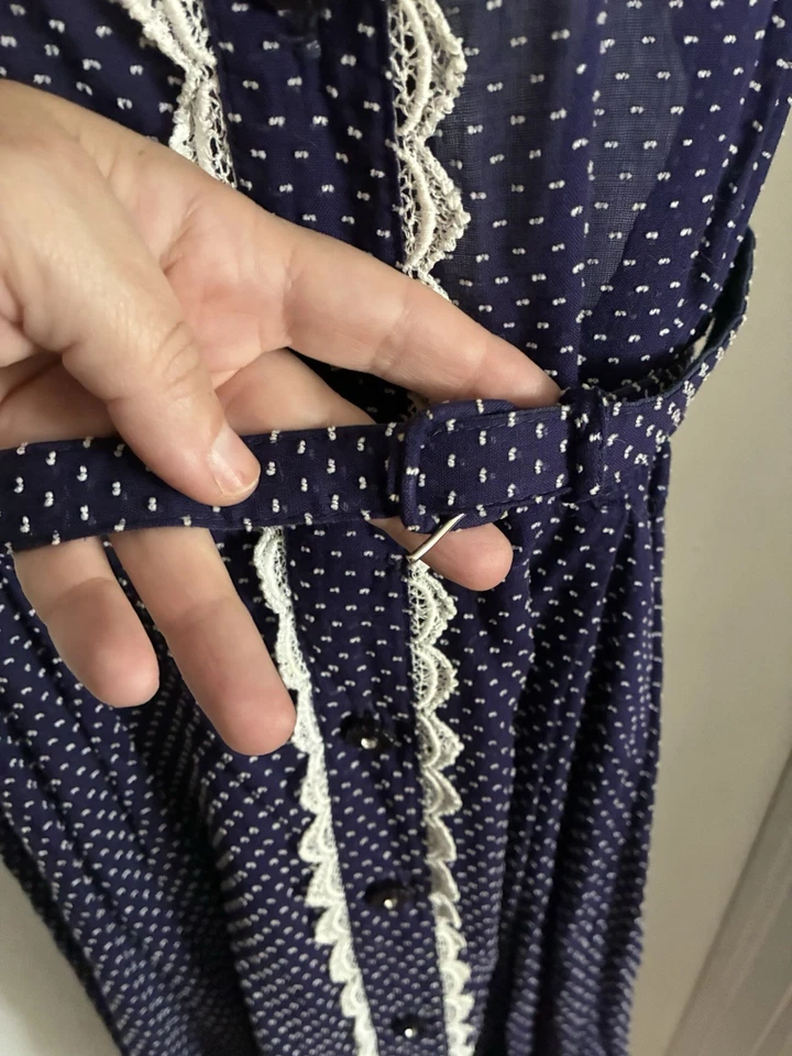 Vtg 40s 50s SWEEP Rhinestone Lucite Button LUCY Belt Day Dress Swiss Dot Lace XL - Image 4 of 4