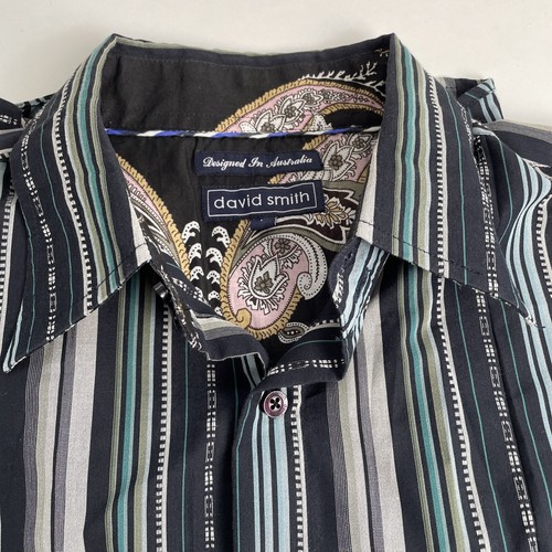 David Smith Shirt Mens Large Navy Blue Grey Striped Long Sleeve Button Up Casual - Picture 9 of 9