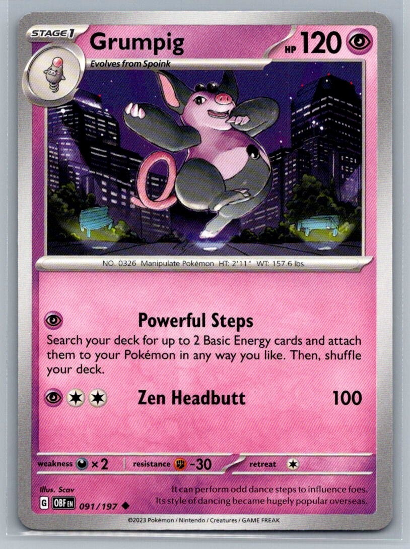 Grumpig 91/197 Obsidian Flames Uncommon Pokémon TCG 2023