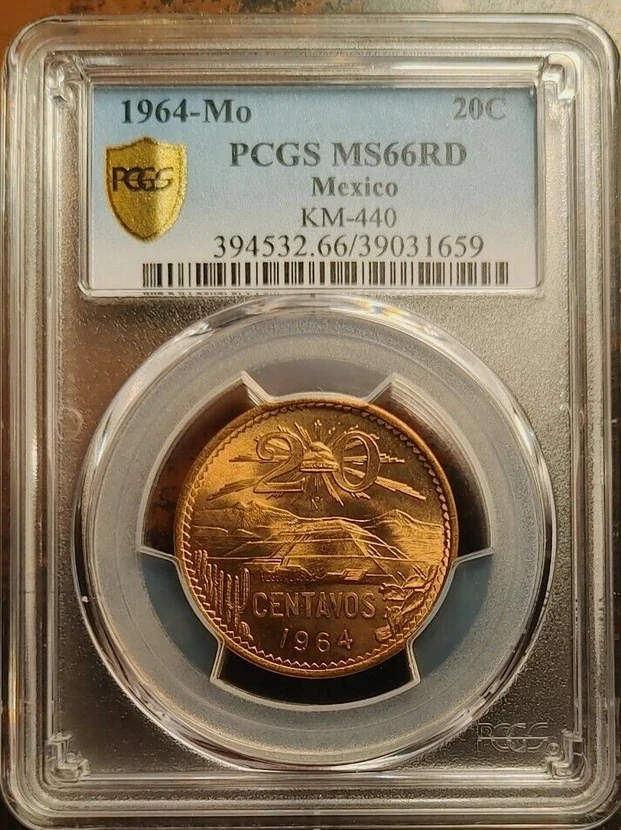 :1964 Mo 20 CENTAVOS 墨西哥太阳 PYRAMID PCGS 评级 MS66 RD 红色稀有 R4 最高等级 — 第 2/3 张图片