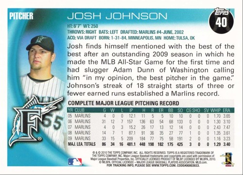 2010 Topps Baseball Josh Johnson Florida Marlins #40 - Picture 2 of 2