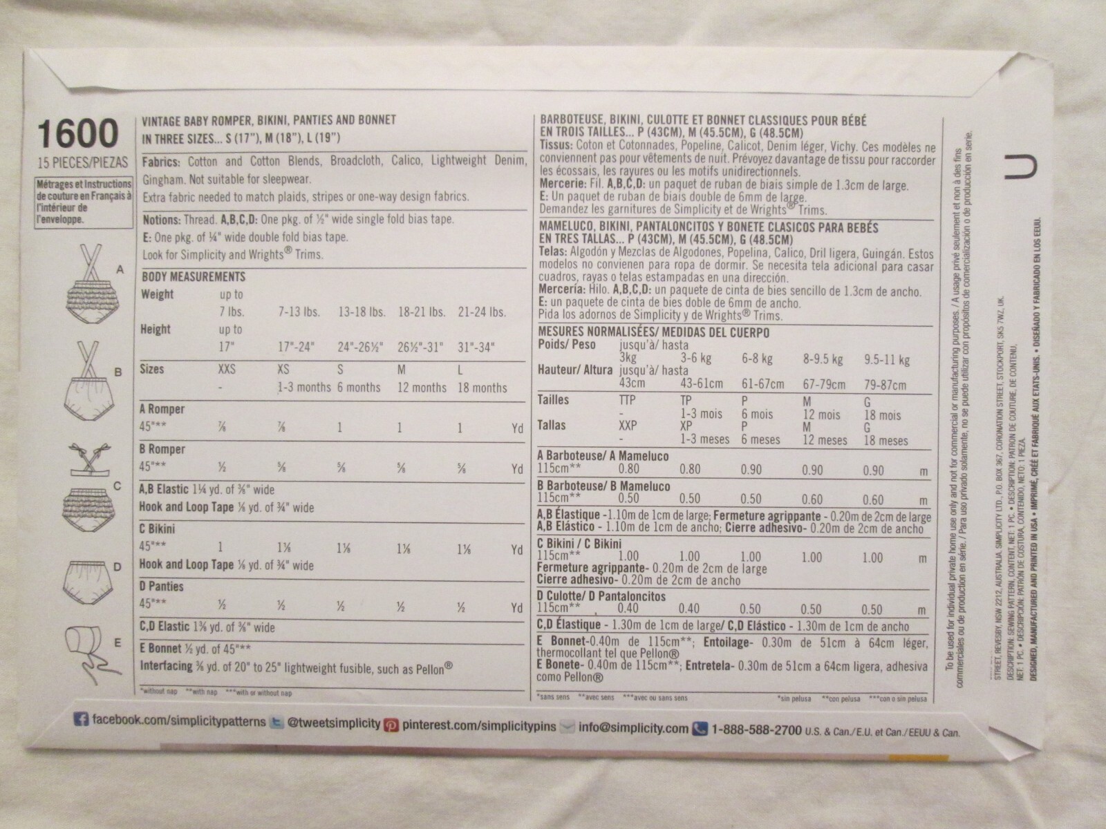 Simplicity 1600 Vintage Baby Romper Bikini Panties Bonnet Pattern 1-18 ...