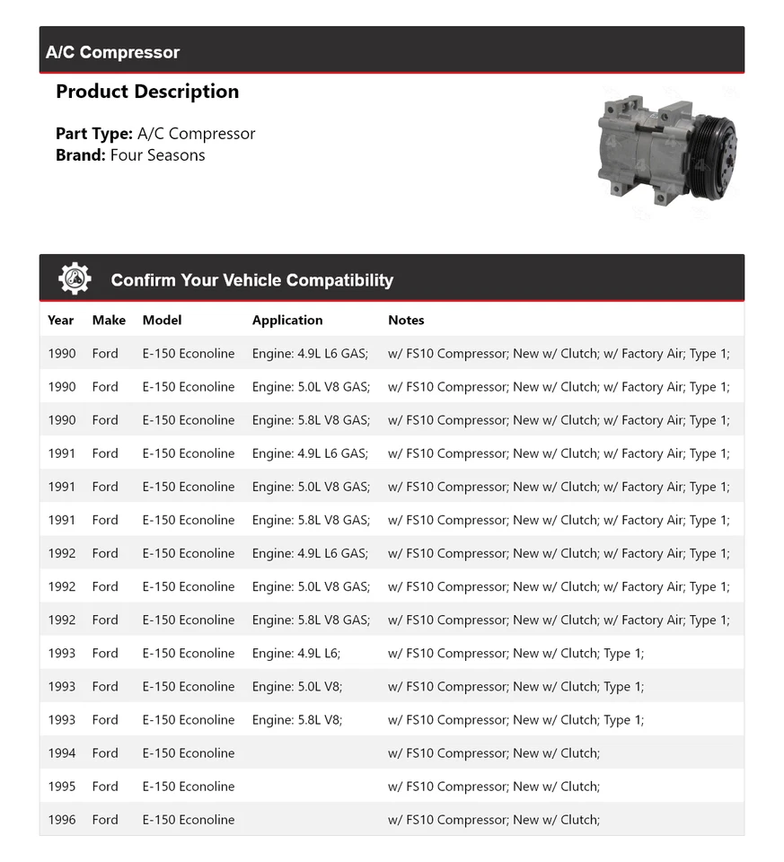Compressor AC Ford E-150 Econoline 1990-1996 4 estações 1991 1992 1993 1994 - Imagem 2 de 4