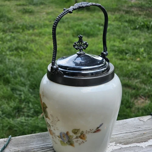 Victorian Satin Milk Glass Biscuit Jar Flowers Van Bergh Silverplated Vtg Lid