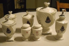 VINTAGE DRAGON POTTERY CANISTER SET WITH SALT,  PEPPER AND OIL CRUET