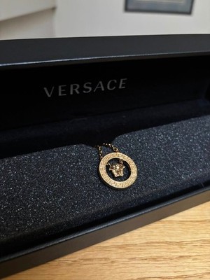 Versace Gold Reversible Medusa Greca Pendant Necklace Chain - New - Authentic