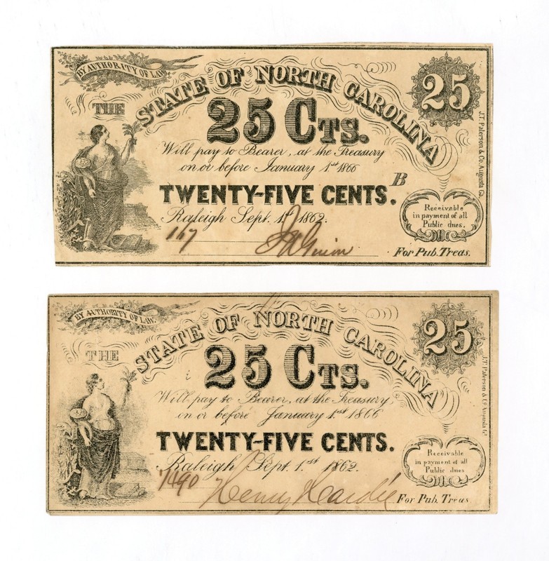 (Pair) 1862 Cr.103 & Cr.105A 25c The State of NORTH CAROLINA Notes
