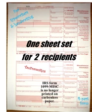2025 IRS Tax Form 1099-MISC single sheet for 2 recipients NON-carbonless 4pt 2up