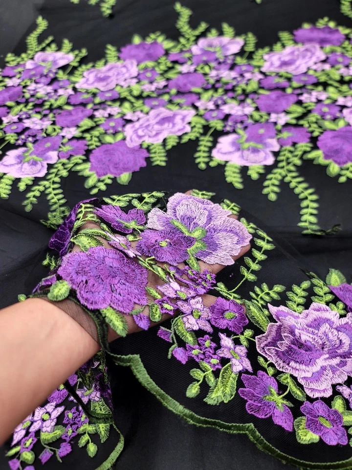 Fabric Sold By The Yard Purple Embroidery Lace Floral Flowers on Black Mesh - Image 3 of 4