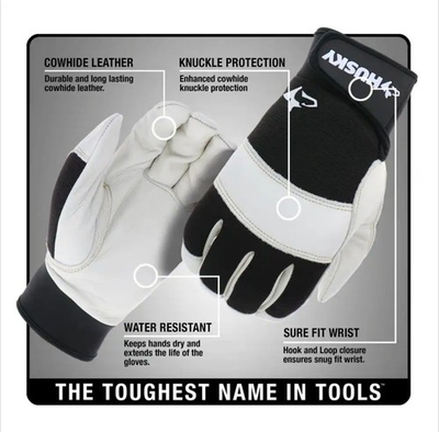 #ad 4x HUSKY Leather Water Resistant Performance Work Glove w Spandex Back L $40.99