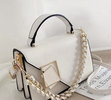 Women s White Solid Rectangle Top Handle Bag Gold Hardware Chain Buckle Detach