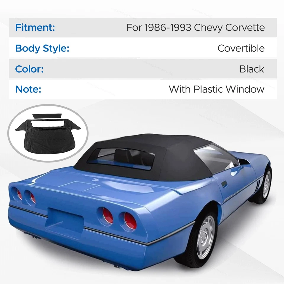 Capota macia conversível com janela lona preta compatível com 1986-1993 Chevy Corvette - Imagem 2 de 4