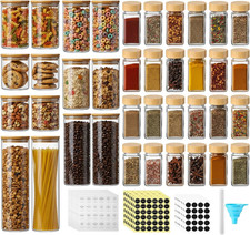 14 Pcs Glass Food Storage Jars 24 Pcs Glass Spice Jars with Bamboo Lids, 348 Spi