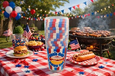 12 New 4th Of July Sun's Out Buns Star & Stripes Plastic Party Beverage Cup Set
