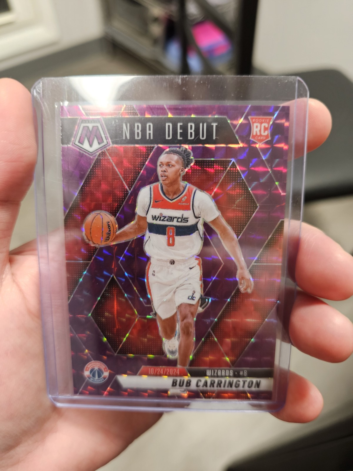 Bub Carrington 2024-25 Panini Mosaic - NBA Debut #259 Purple Mosaic Prizm /99 RC