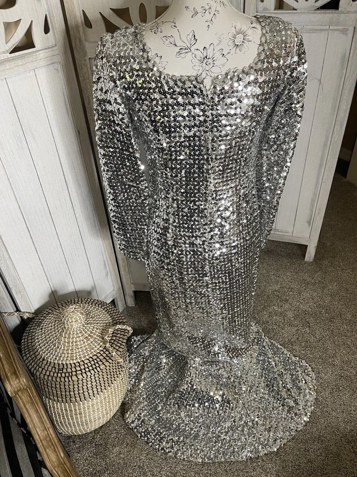 Vestido Sirena Vintage Años 60’s 70 Plateado Lentejuelas Metálico Floral Glamour Hollywood Foto 4 de 4
