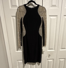 Xscape Women  s Black/Silver Beaded Long Sleeve Sheath Knee Dress  4