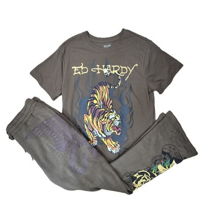 Ed Hardy Set T-Shirt Flared Jogginghose Damen M Khaki Tiger Graphic Y2K Vintage