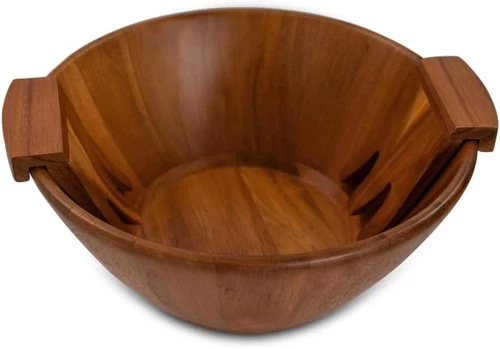 Acacia Wood Salad Serving Bowl Set – Large Wooden Bowl with Forks for Salads,