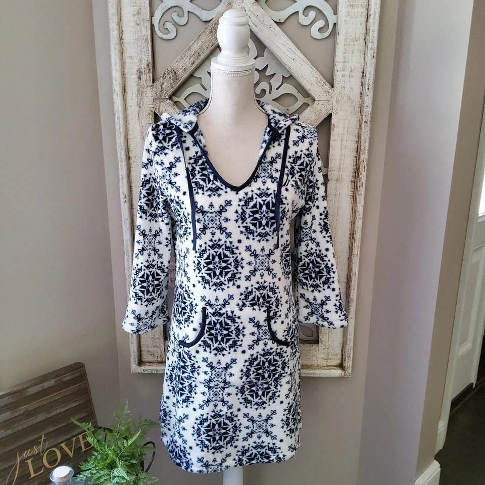 Nautica 女式睡衣 3/4 袖羊毛连帽睡衣睡眠衬衫蓝色 — 第 2/4 张图片