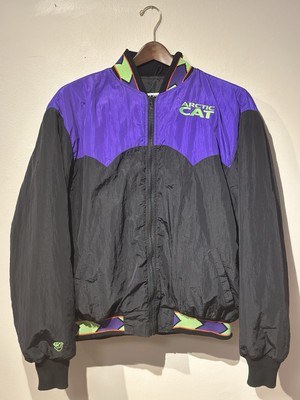 Arctic Cat 90s Vintage Snowmobile Jacket Black Purple Neon Green Zip Sz XXL 2XL