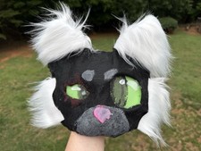 Handmade tuxedo Faux Fur Animal Face Mask, Green Eyes Therian