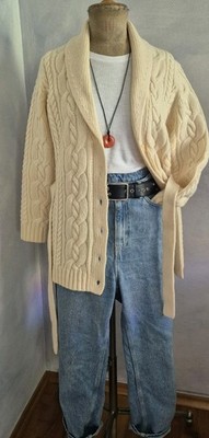 Lands' End Damen Strickjacke Cardigan M Creme Zopfmuster Schalkragen Gürtel Wneu