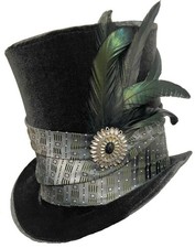 Tall Top Hat Dark Grey Charcoal Steampunk Wedding Mad Hatter Green Silver