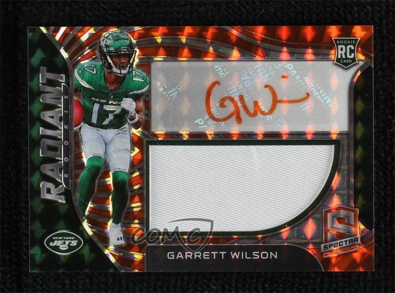 2022 Panini Spectra Neon Orange Prizm 5/15 Garrett Wilson RPA Patch Auto RC 0n1s